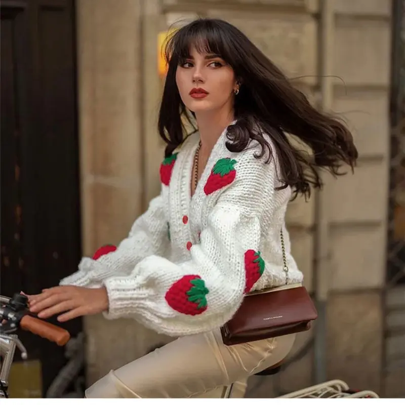 Aardbei Losvallende Gebreide V-Hals Cardigan