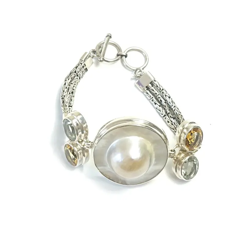Armband zilver, barokparel en edelstenen