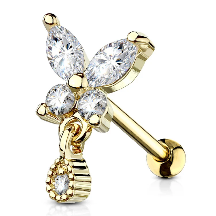 Barbell Vlinder Zirconia Goudkleurig - Chirurgisch Staal & 14kt Goldplated