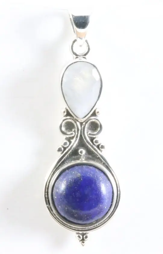 Bewerkte zilveren hanger met lapis lazuli en regenboog maansteen