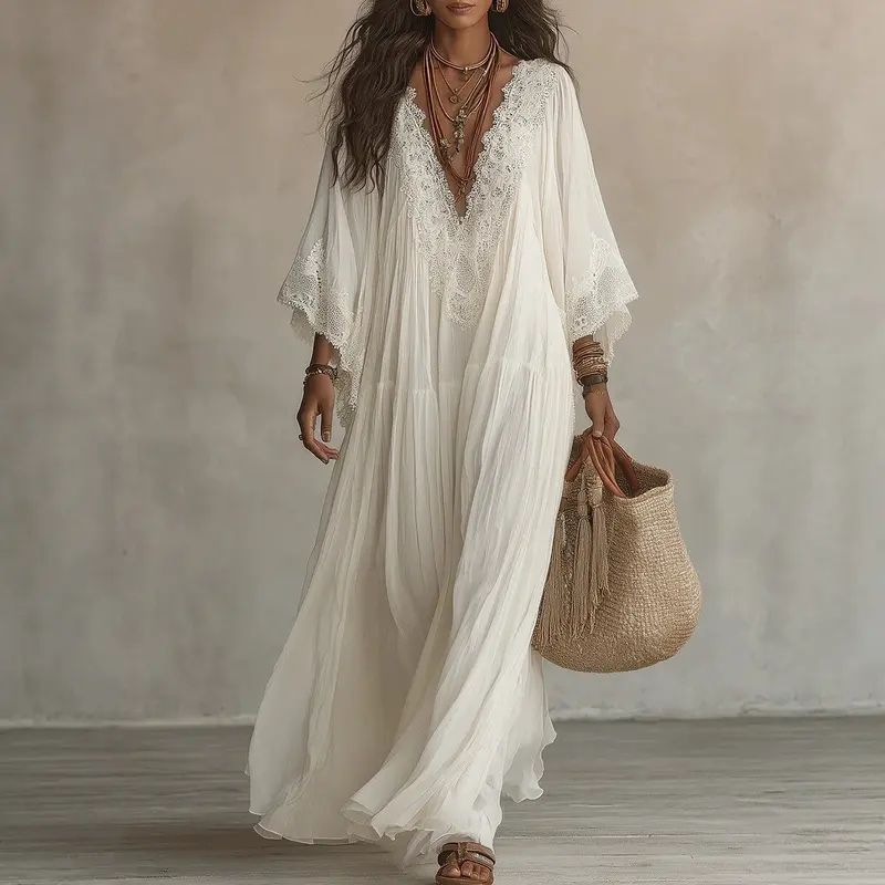 Boho maxi-jurk voor dames met kanten V-hals en vleermuismouwen