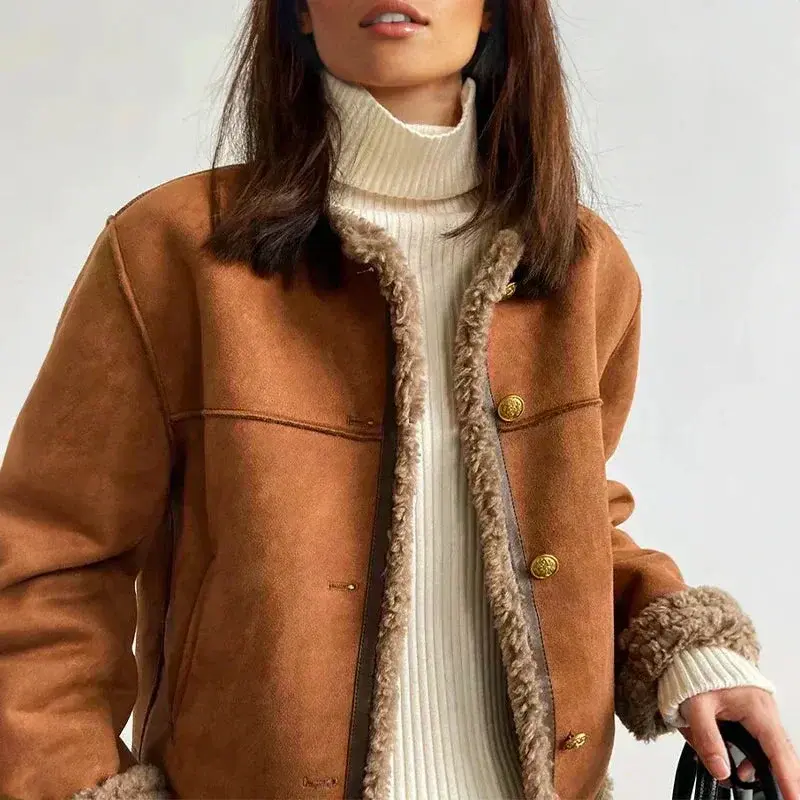 Bruin aviatorjack van imitatiesuede met shearling voering