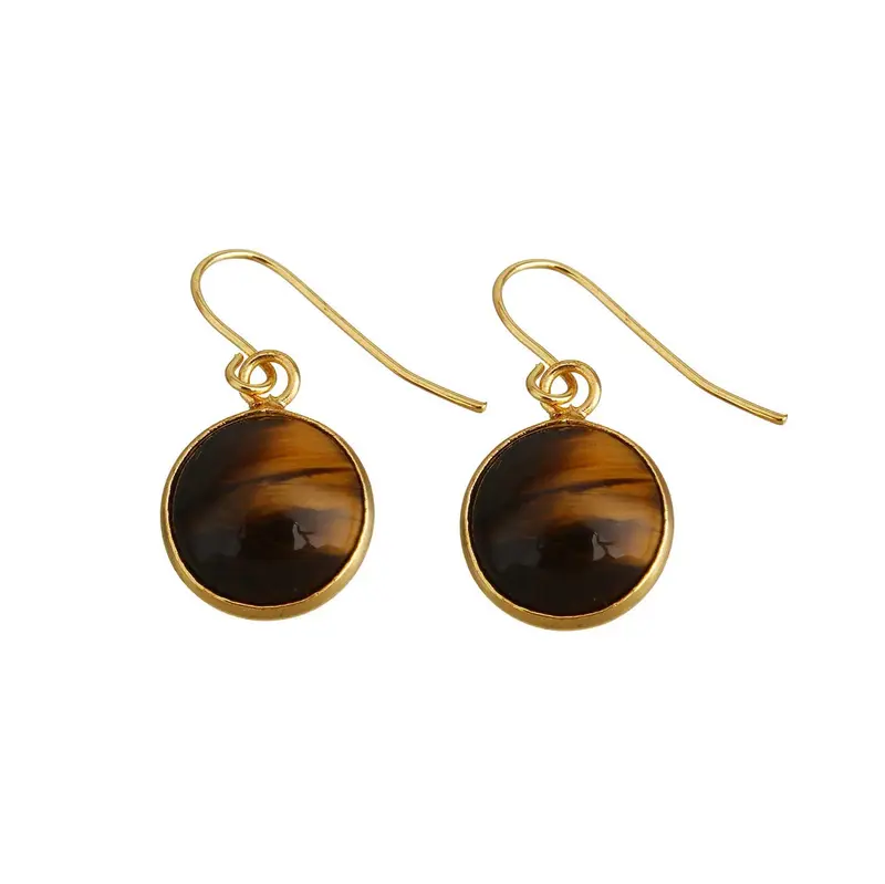 Bruine edelstenen oorbellen - tijgeroog - goud edelstaal - Tiger Eye Gold Round