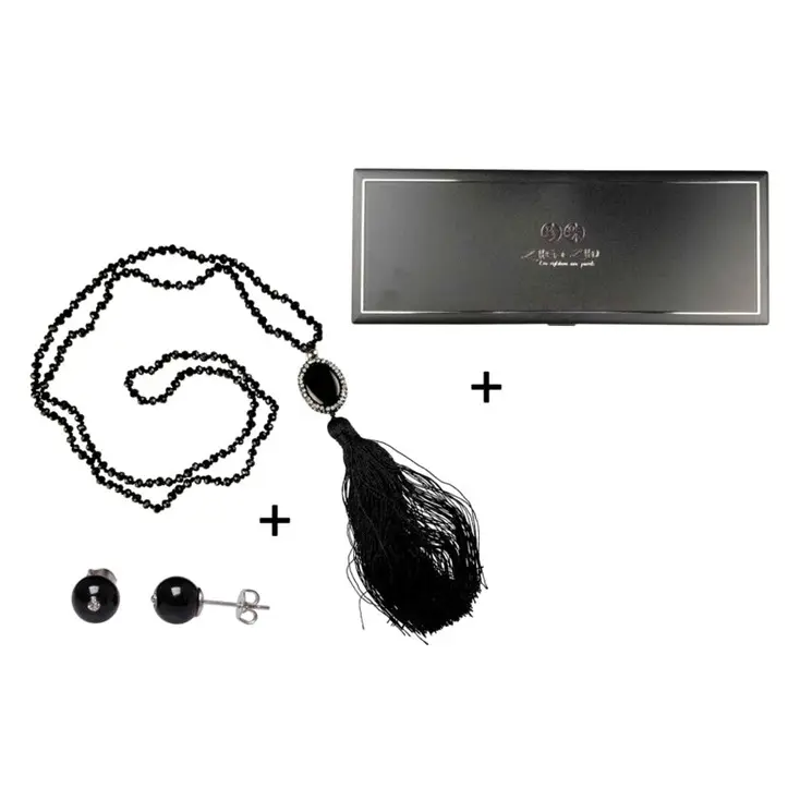 Cadeau set met edelstenen ketting en oorbellen Bling Black Agate