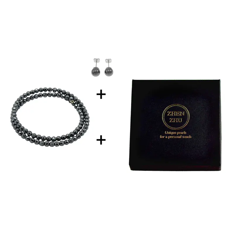 Cadeau set met edelstenen wikkelarmband en oorbellen Hematite