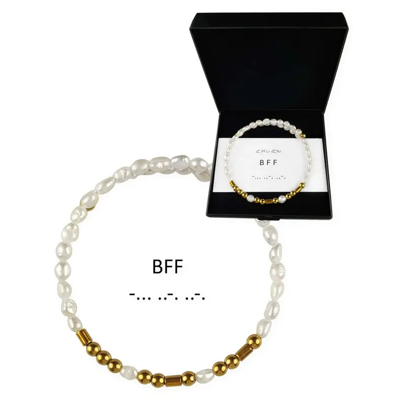 Cadeau set zoetwater parel armband Morse Code BFF Pearl Gold