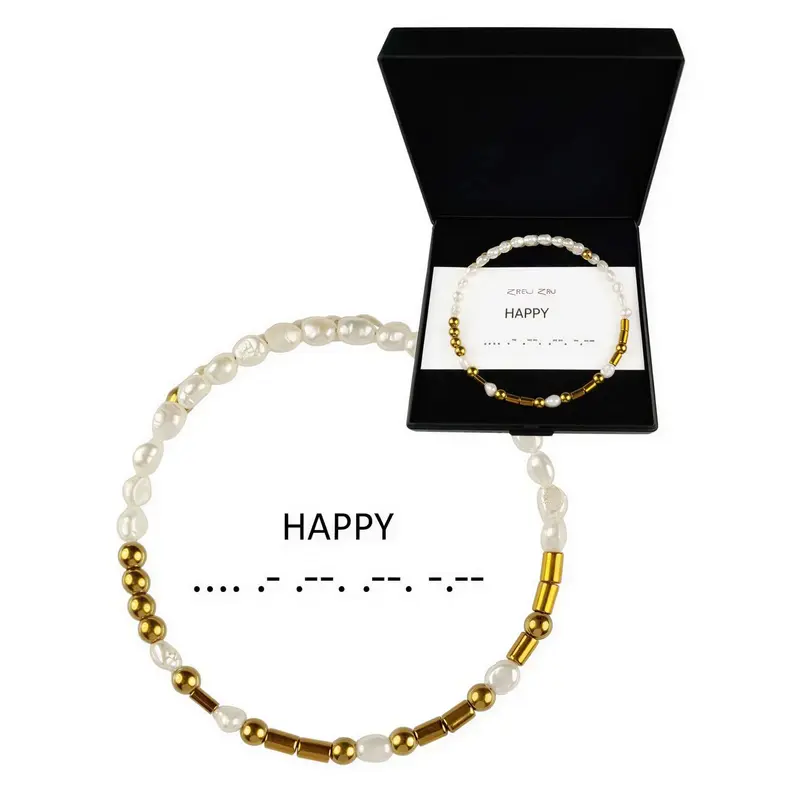 Cadeau set zoetwater parel armband Morse Code Happy Pearl Gold
