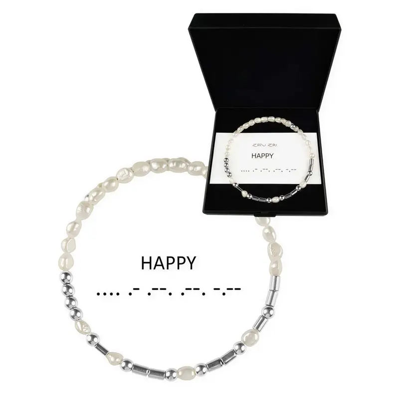Cadeau set zoetwater parel armband Morse Code Happy Pearl Silver