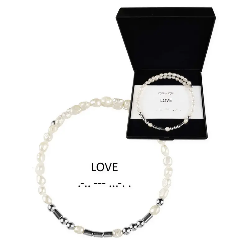 Cadeau set zoetwater parel armband Morse Code LOVE Pearl Silver