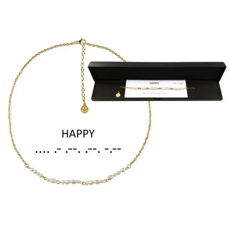 Cadeau set zoetwater parelketting Morse Code Happy Pearl Gold