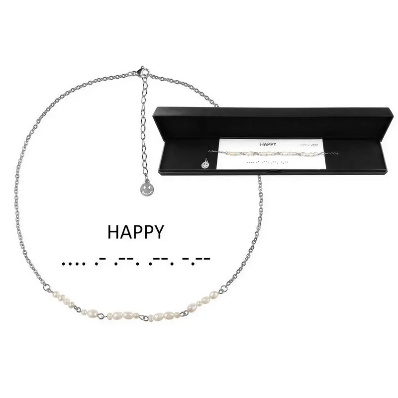 Cadeau set zoetwater parelketting Morse Code Happy Pearl Silver