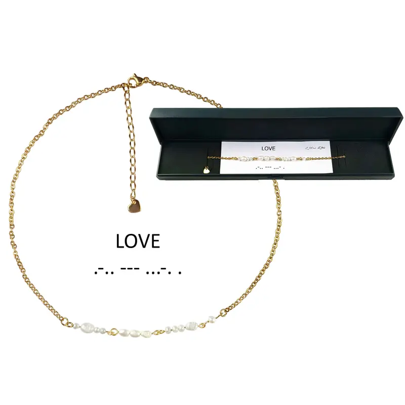 Cadeau set zoetwater parelketting Morse Code Love Pearl Gold