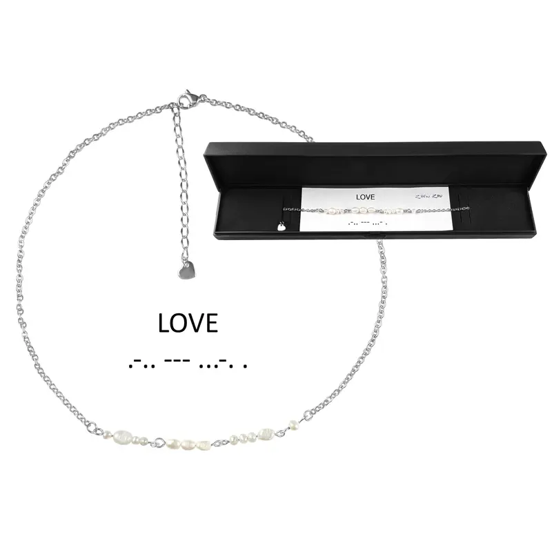 Cadeau set zoetwater parelketting Morse Code Love Pearl Silver