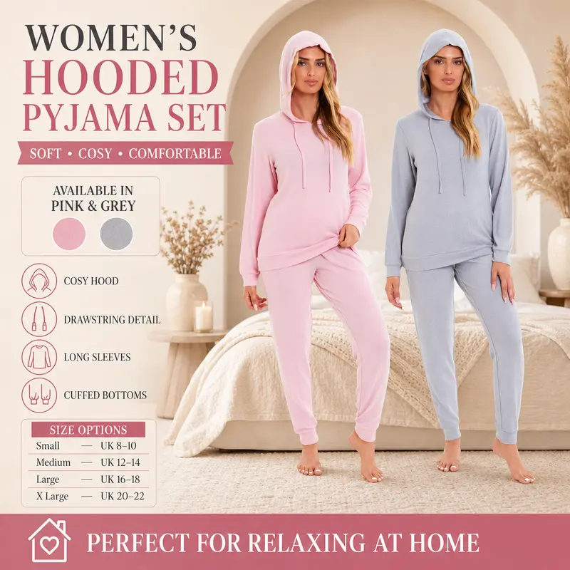 Daisy Dreamer Hooded Pyjama Set Womens Pink Grey Long Sleeve Hoodie and Pants