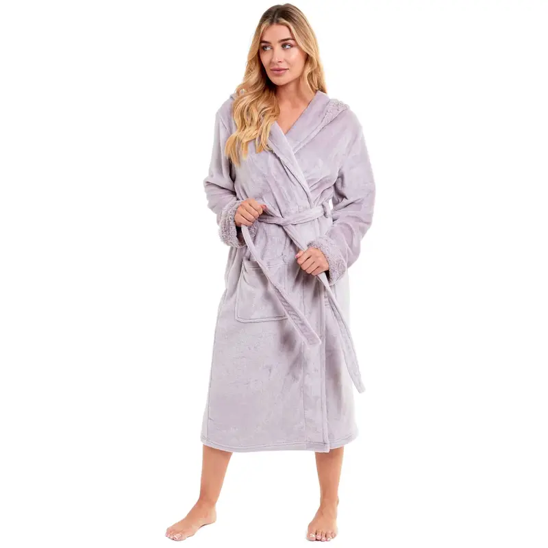 Daisy Dreamer Women's Faux Fur Hooded Robe Plush Fleece Loungewear Bathrobe Pink Grey Easy-Care Bath Robe