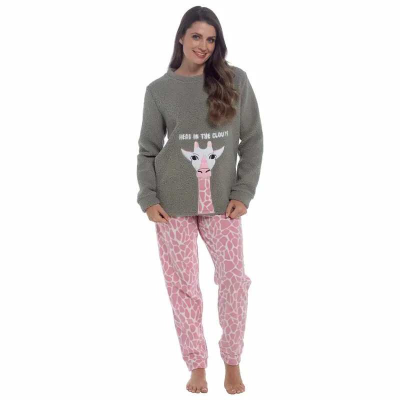 Daisy Dreamer Women's Giraffe Snuggle Fleece Pyjama Set Ultra-Soft Plush For Lounge