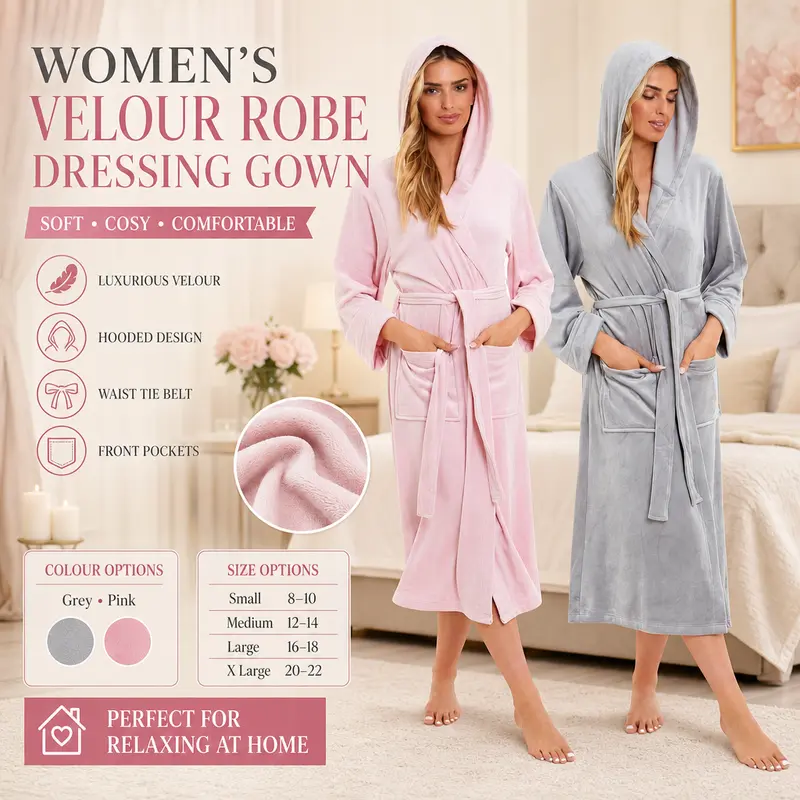 Daisy Dreamer Women's Hooded Velour Bathrobe Ultra Soft Pink And Grey Cosy Super Soft Robe