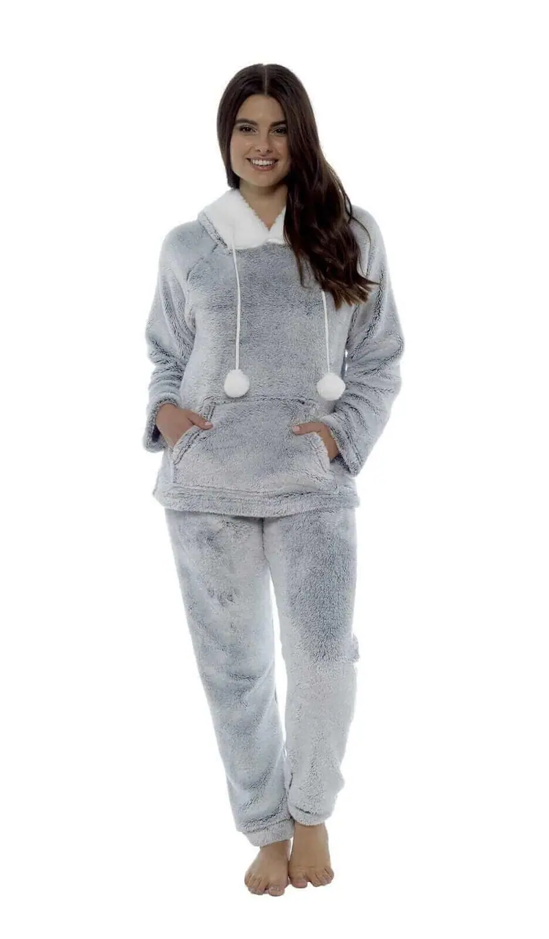 Daisy Dreamer Women's Plush Fleece Hooded Pyjama Set in Shimmer Grey Cosy Winter