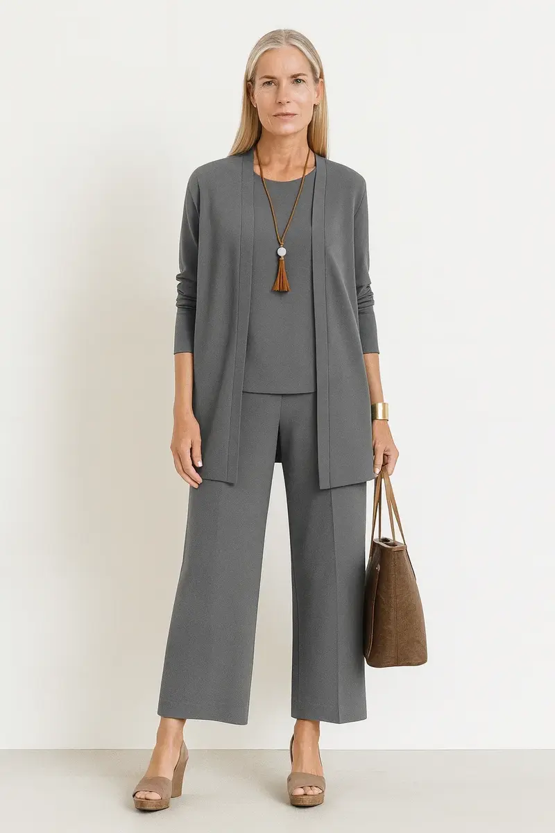 Dames 3-delige gebreide set met vest, top en wijde broek