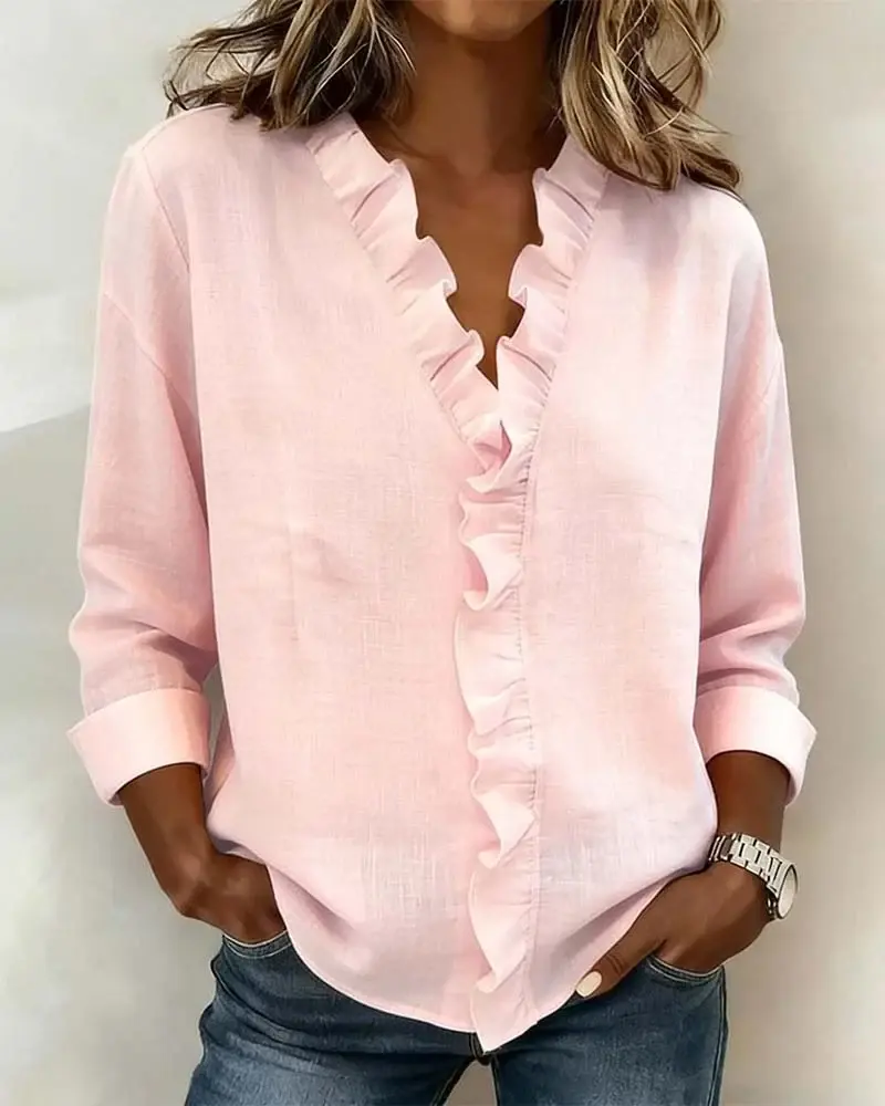 Dames blouse met ruches, V-hals en lange mouwen