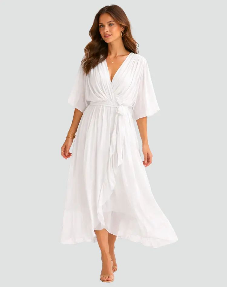 Dames Jurk voor Bruiloft Gast Midi met V-hals en Ruffle Rok
