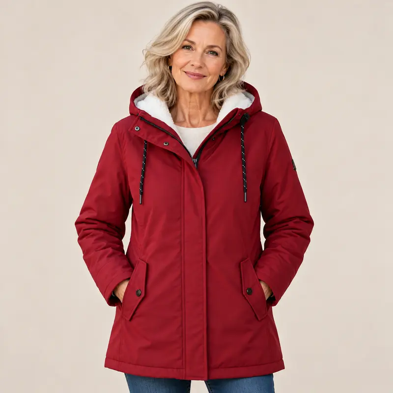 Dames parka met capuchon en fleecevoering, trekkoord aan de capuchon en klepzakken