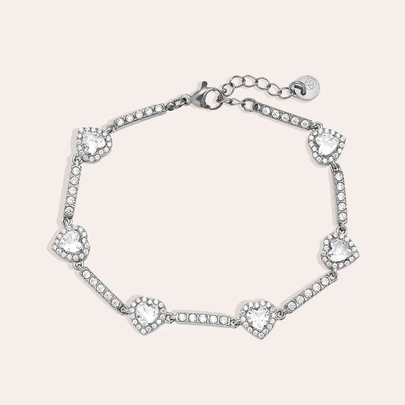 Diamond Hearts and Line Chain Armband Zilverkleurig