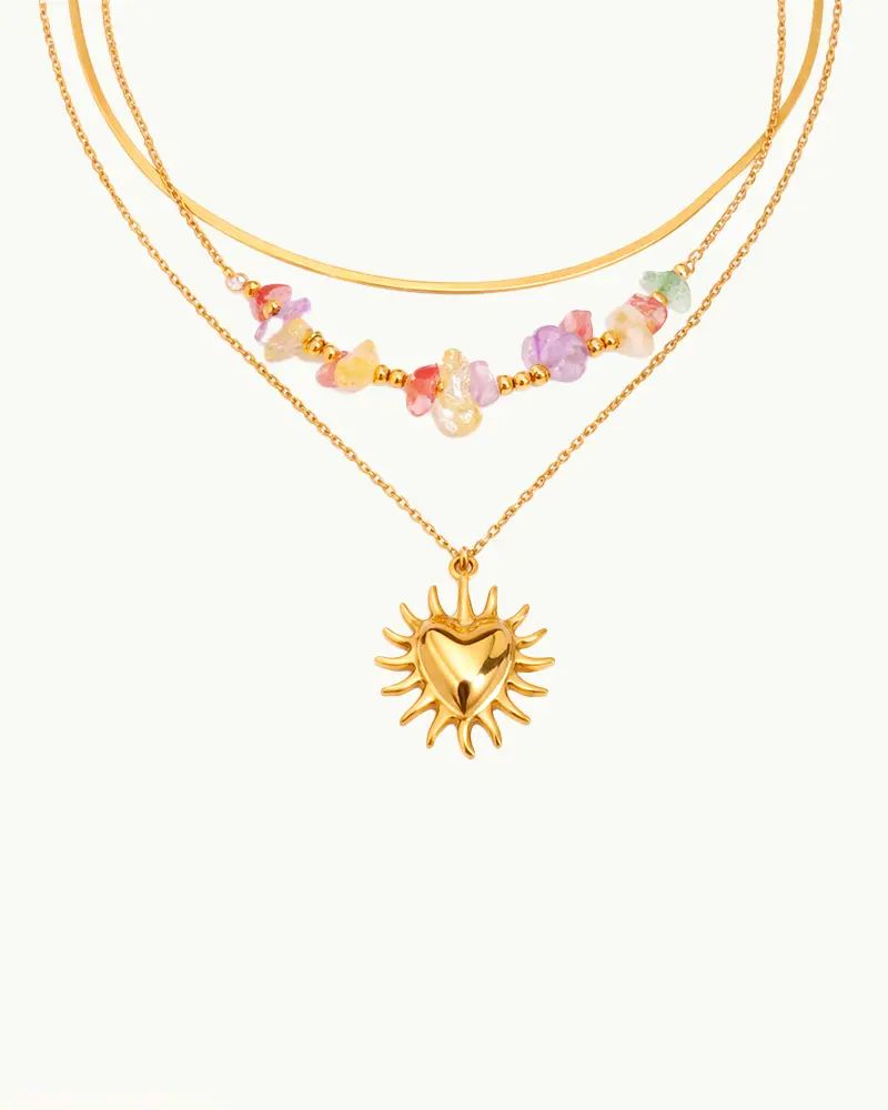 Drie Laagse Ketting met Hart en Gekleurde Steentjes - Celya