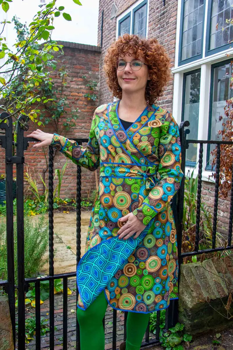Dubbelzijdige dress- 100% cotton wrap jurk- lange mouwen - galaxy turquoise retro blue