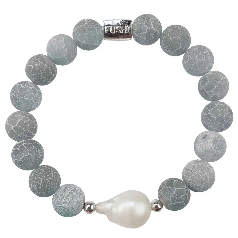 Edelstenen armband met witte parel Frozen Grey Agate White Pearl