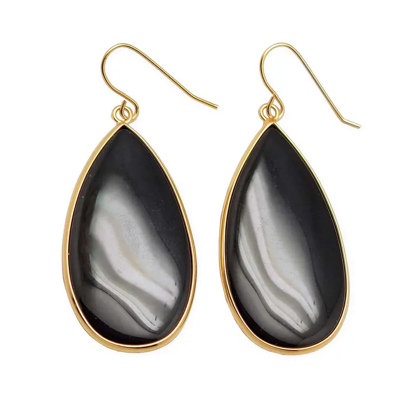 Edelstenen oorbellen Big Teardrop Black Agate Gold