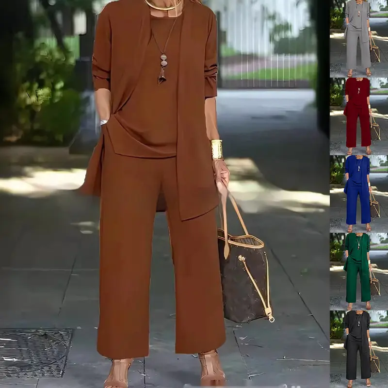 Elegante driedelige damesset met gelaagde broek