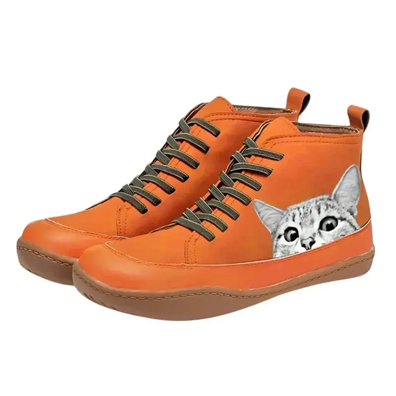 Enkellaarzen met kattenprint en veters, high-top model