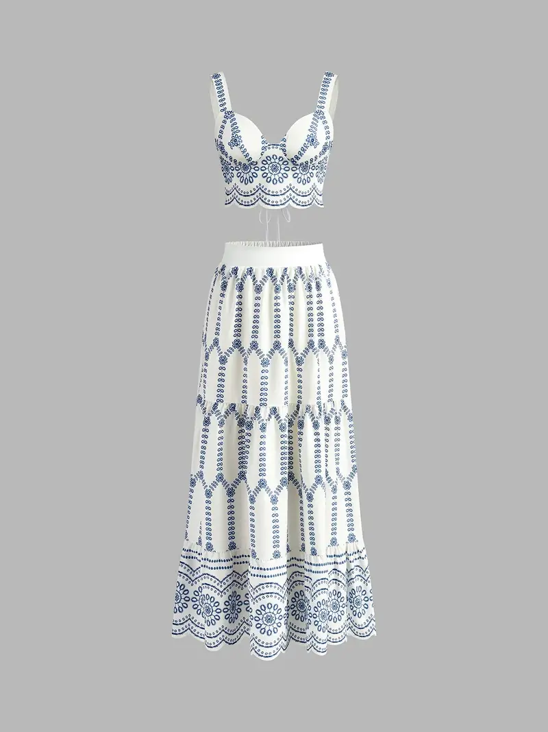 Geborduurde crop top en maxi-rok co-ord set