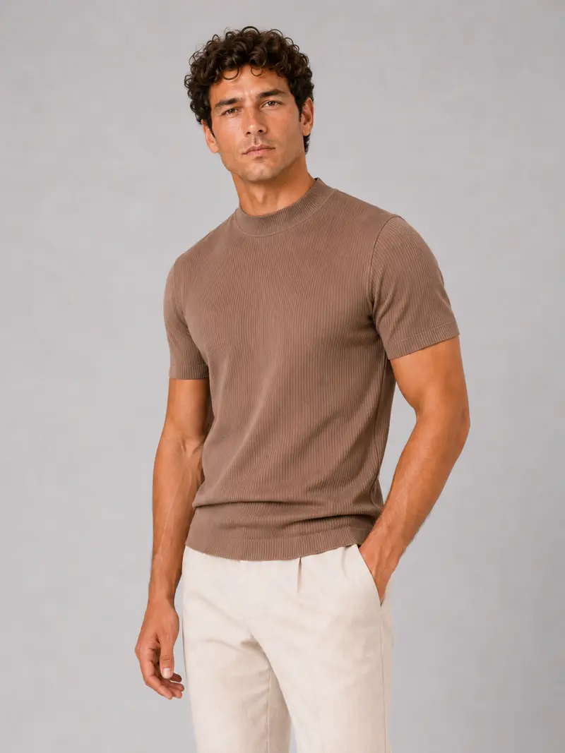 Geribd heren-T-shirt met opstaande kraag – aansluitende stretch top met korte mouwen