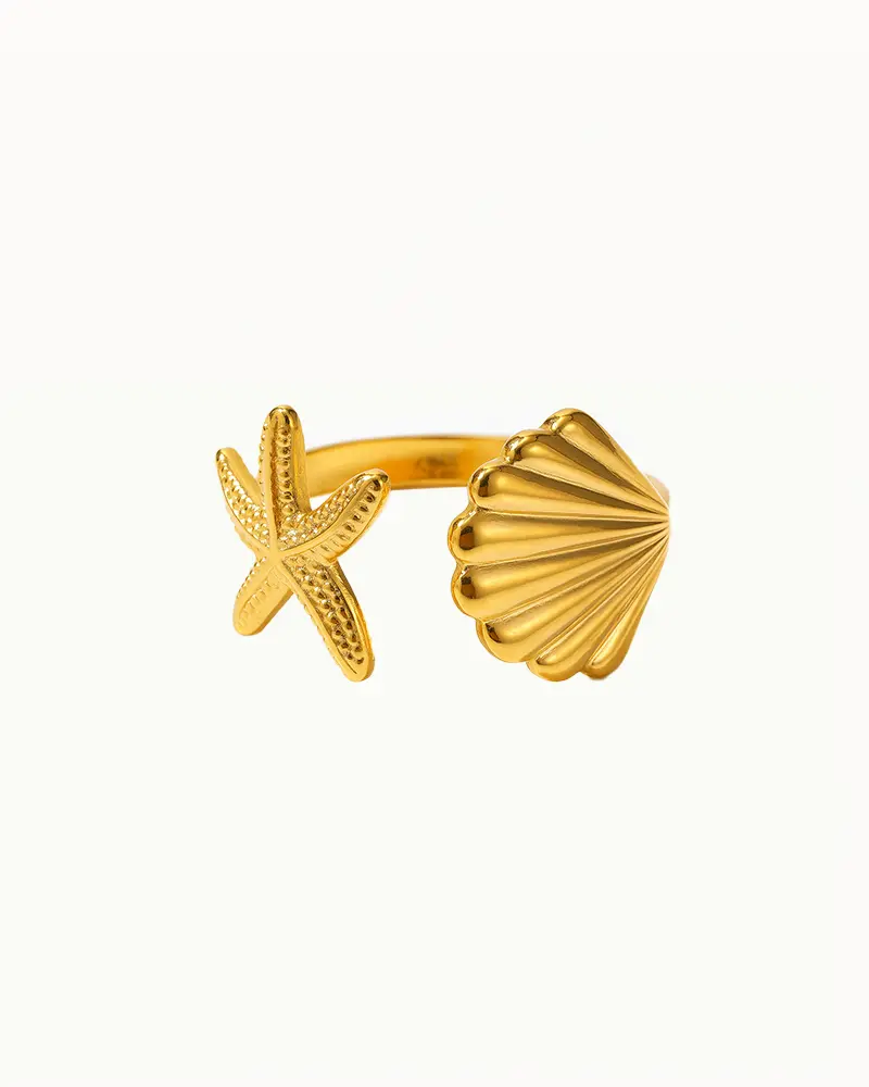 Goudkleurige Ring met Zeester en Schelp - Verstelbaar - Priscilla - R52
