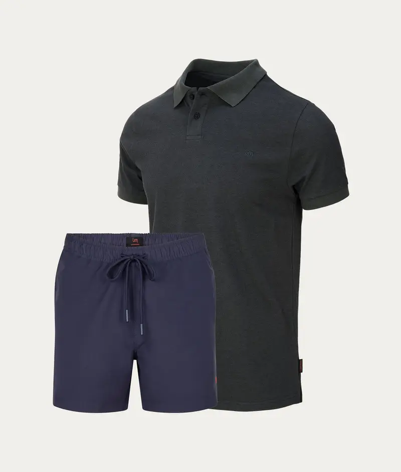 Grijze Polo + Donkerblauwe Zwembroek
