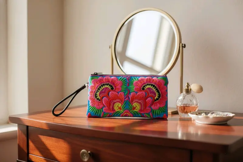 Handgemaakte toilettas- make-up tasje- borduursel- groter formaat