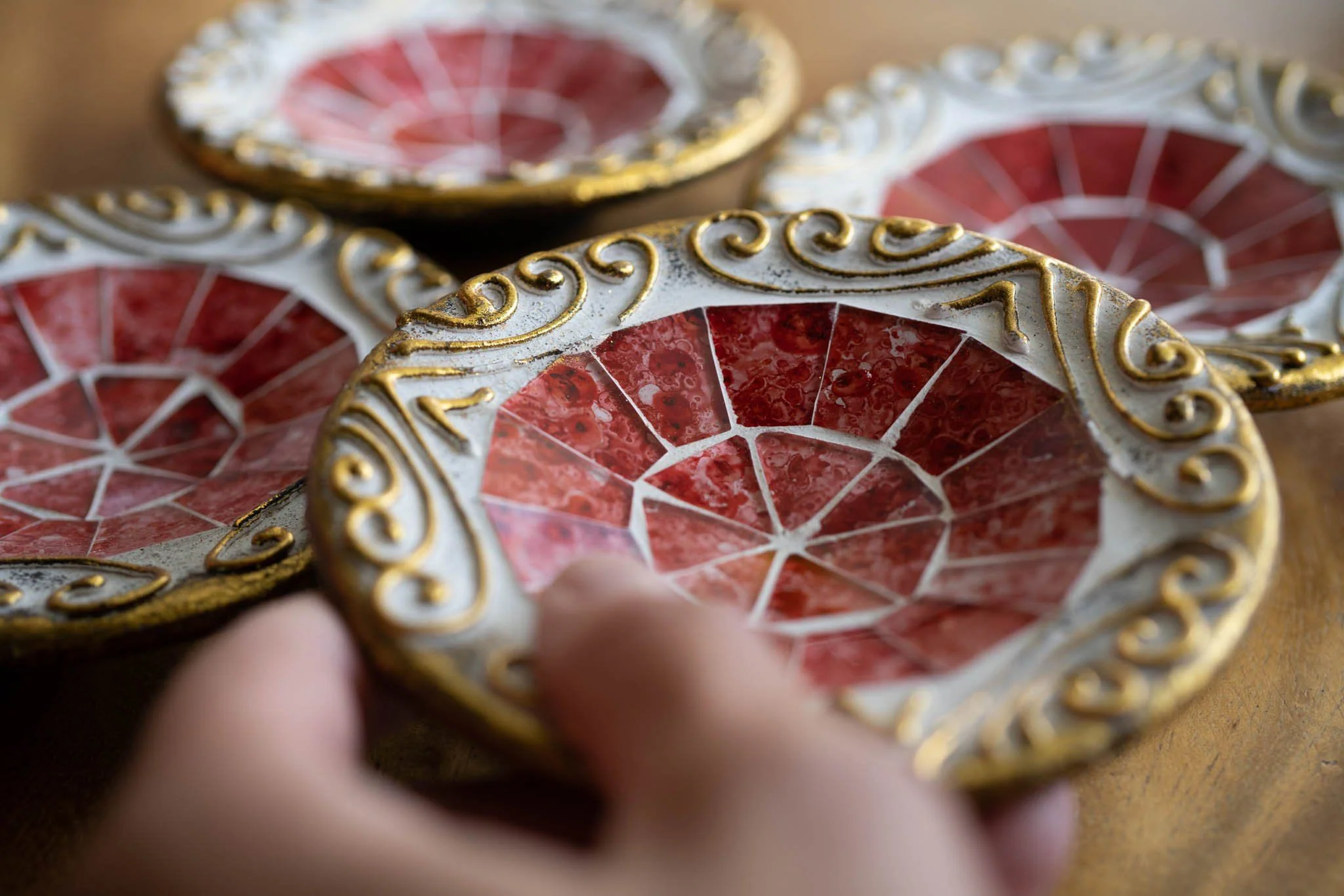 handmade clay bowl embedded with glass -4set red fire galaxy