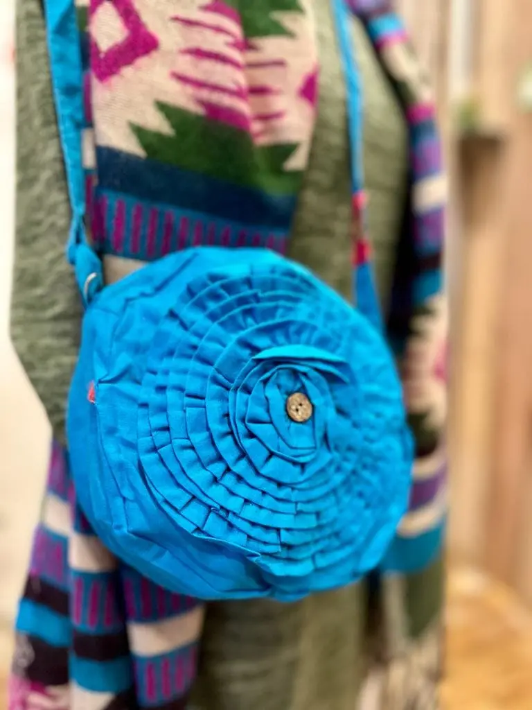 Handmade flower bag - turquoise - made by tantilly from recycle cotton
