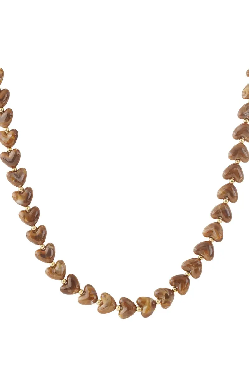 Hartjes kralen ketting bruin RVS goud