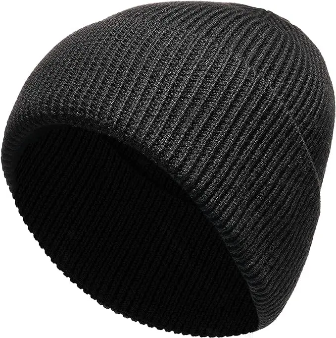 Heatwave Thermalwear Unisex Wool Knit Beanie Hat Black And Grey Windproof Insulated Turn