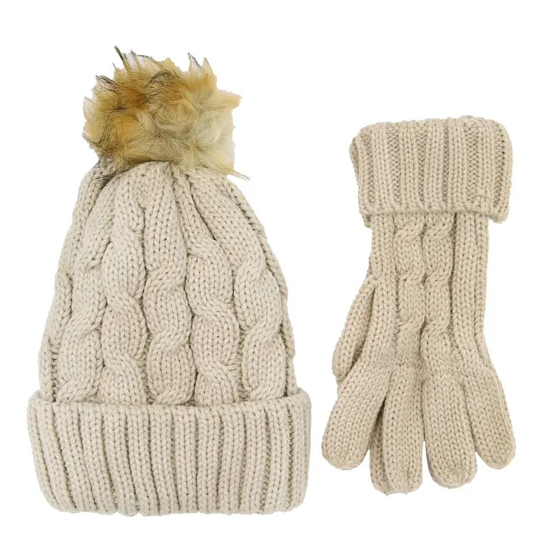 Heatwave Thermalwear Womens Cream Chunky Knit Winter Hat And Gloves Set With Faux Fur Pom