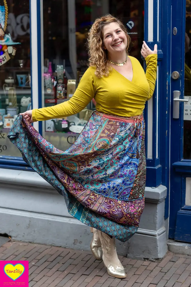 Katoenen stretch wrap top- lange/korte mouwen- mosterd