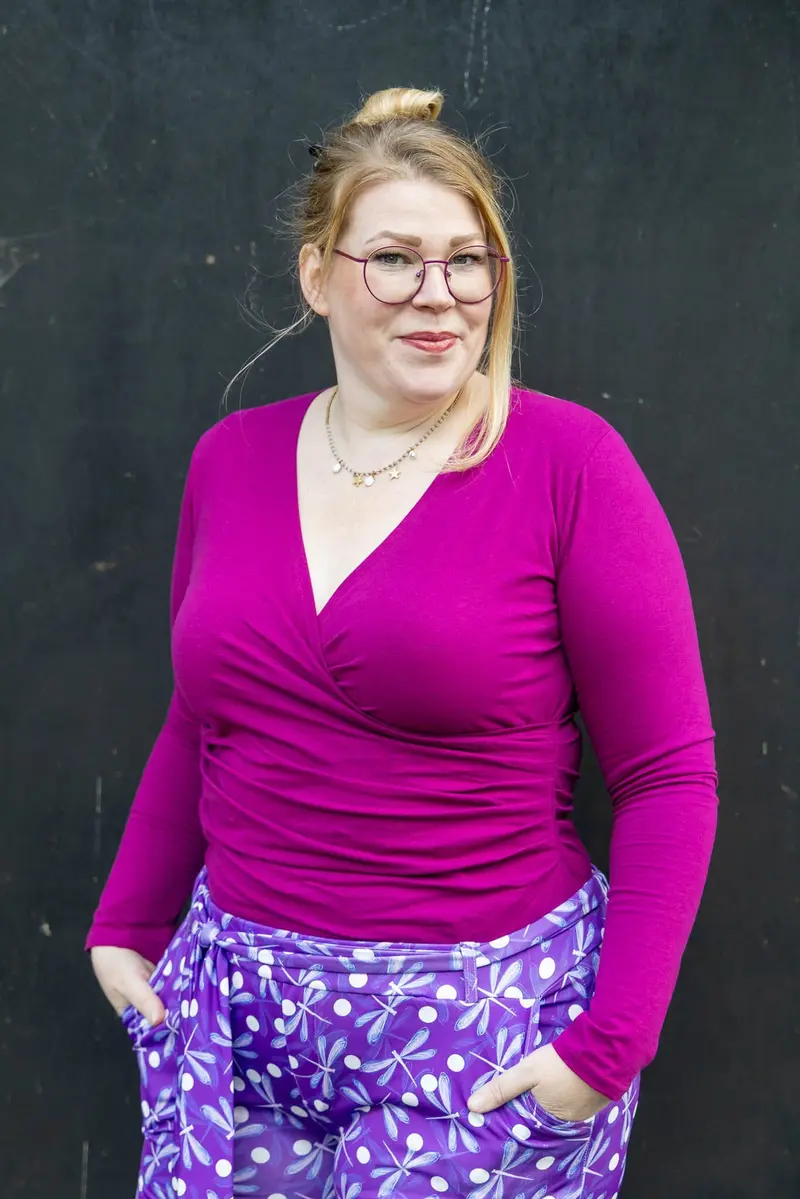 Katoenen stretch wrap top- lange/korte mouwen- pruim