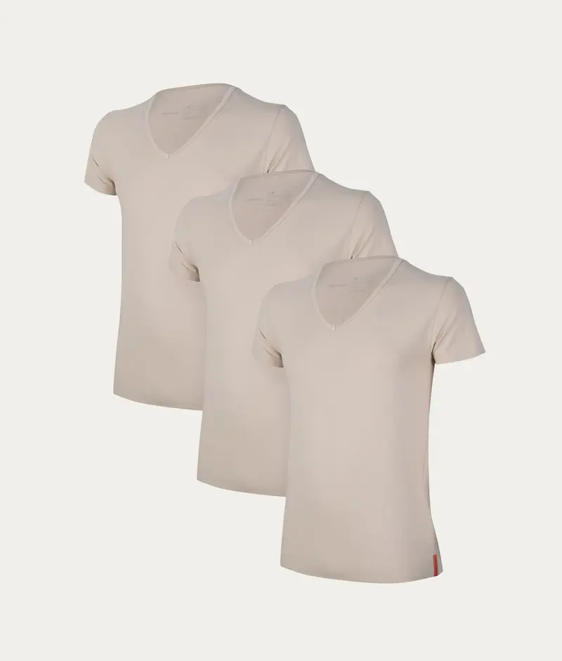 Khaki Slim Fit T-shirt Diepe V-hals Desert Sand (3-pack)