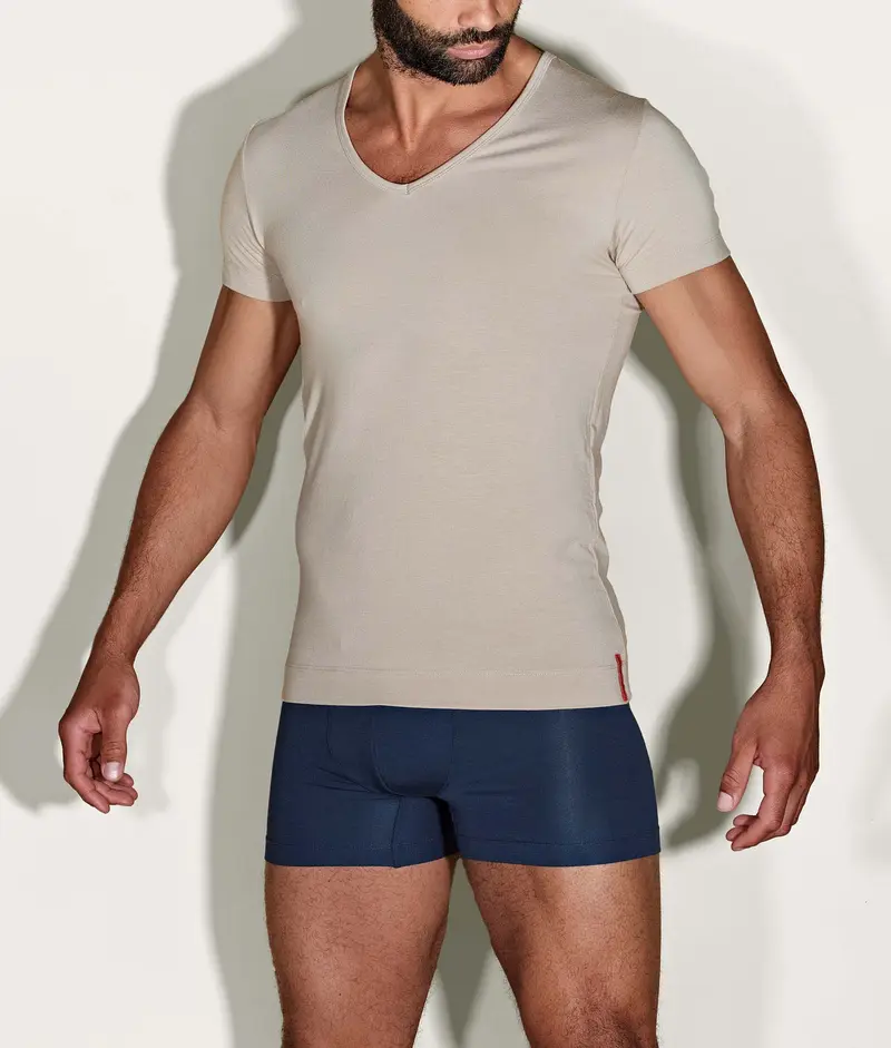 Khaki Slim Fit T-shirt Diepe V-hals Desert Sand