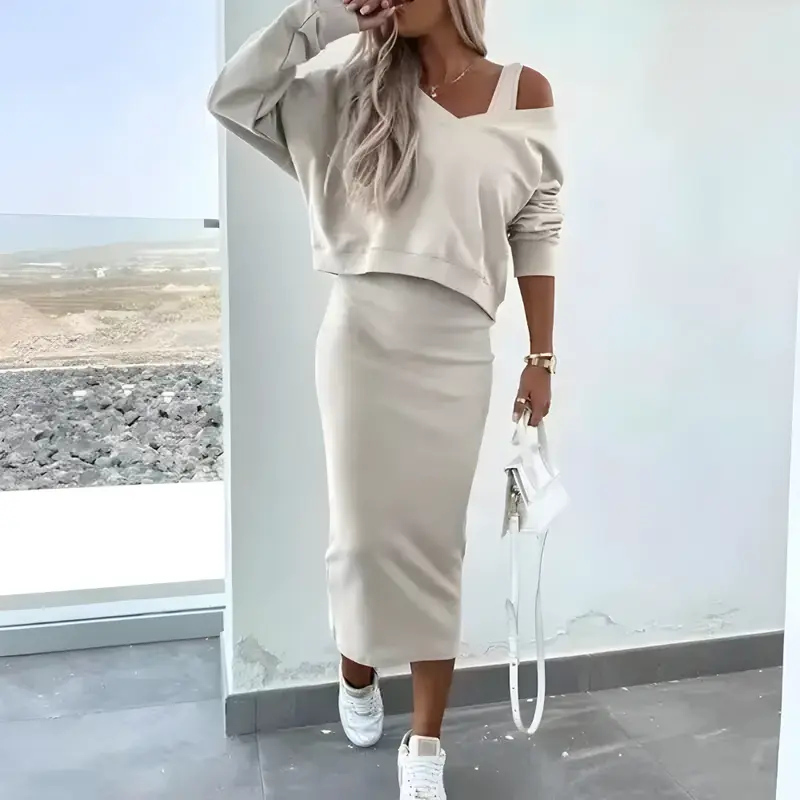 Losse schoudertop en rok tweedelige set