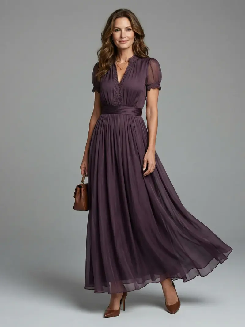 Maxi-jurk voor dames met geplisseerde taille en doorschijnende mouwen