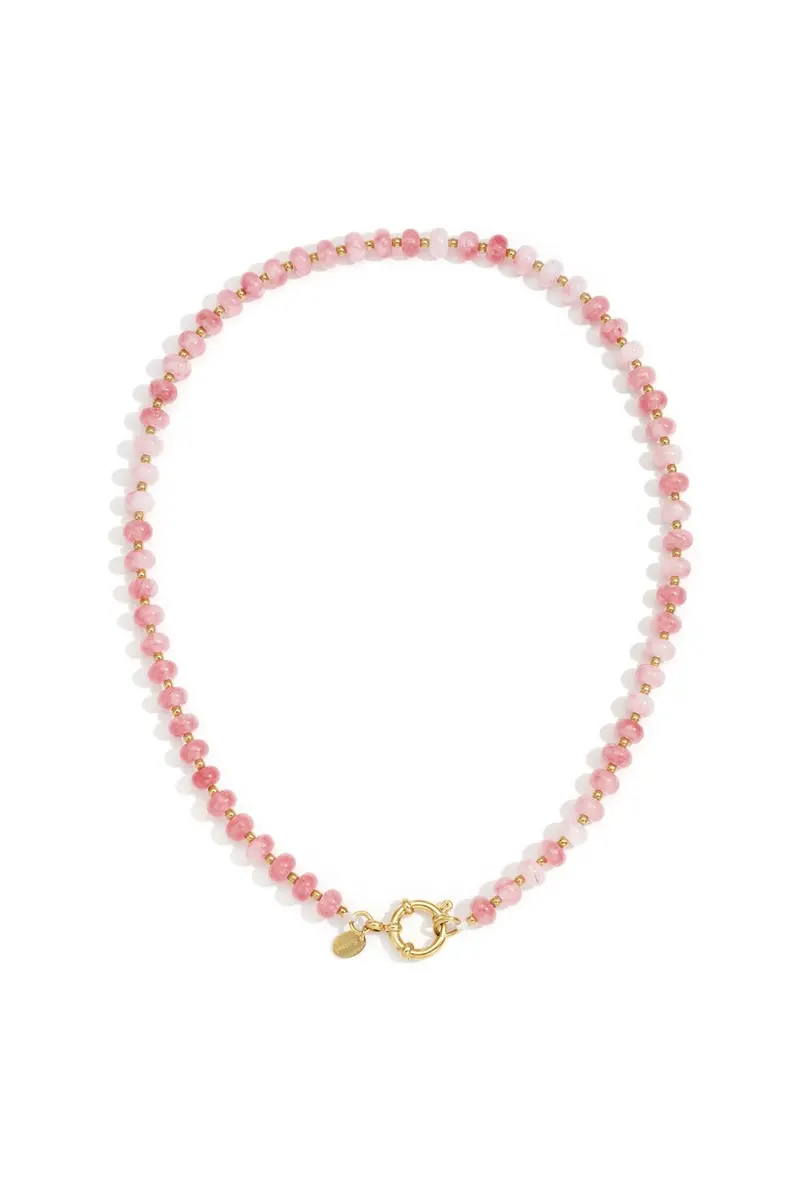 Natuurstenen ketting klassiek roze RVS goud